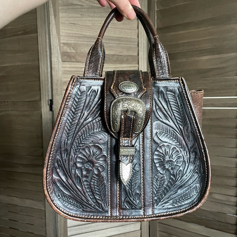 Vintage American West Western Tooled Leather Floral Satchel Tote Handbag Dark - Picture 3 of 10
